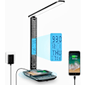 Miniatyrbillede 1 af 5: LED-skrivebordslampe med trådløs oplader, USB-opladningsport, justerbar foldbar bordlampe med ur, alarm, dato, temperatur, 5-trins dæmpbar