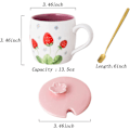 Miniatyrbillede 2 af 5: 13,5oz sød jordbær keramisk kaffekrus med låg gul ske te kop søde krus til kvinder ven kollega chef gaver