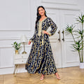 Miniatyrbillede 1 af 5: Damekjole V-hals slim fit bundstof varm stempling moderigtig high-end robe (Blå,XL) Blue XL