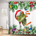 Miniatyrbillede 1 af 4: Glædelig Jul Bruseforhæng Sød Frø i Julehat, Farverige Julekugler Hvid Snefnug Dekoration Fyrretræ, Juleferie, 69X70 Tommer