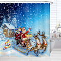 Miniatyrbild 2 av 4: Blå julgardiner för badrum, julgardiner för dusch, jultomte, ren med släde, stuga, blå julväv för badrum