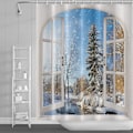 Miniatyrbild 1 av 4: Vinter snöig duschdraperi, fönsterutsikt blå himmel vinter julgran flod natur snöig scen badgardiner för semester 71\" x 71\"