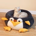 Miniatyrbild 3 av 5: Kattbäddar för inomhuskatter, rund fluffig munk lugnande husdjursbädd, pingvinformad söt kattbädd, mjuk kattbäddskudde, liten kattbädd, hundbäddar för små hundar