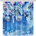 Miniatyrbillede 1 af 5: Vinter Jul Badeforhæng, Blå Bokeh Snefnug Glitter Julekugler Blade Badeforhæng med Kroge til Børn Familie 71\" x 71\"