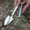 Miniatyrbilde 3 av 5: Hagesett med 2 deler, rustfritt stål håndtak hagehåndverktøy miniatyr hagerake spade for frøplanter, bonsai, sukkulenter