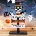 Miniatyrbild 5 av 5: Halloween bordsdekoration, Halloween träprydnad Happy skylt stativ för Halloween fest fönster mantel bordsskiva dekoration, 14 x 8cm(Skelett)