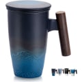 Miniatyrbild 1 av 5: Tomotime Keramisk Tekopp med Infuser och Lock Te Koppar Trähandtag 400ml/13.5oz Svart Cyan
