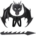 Miniatyrbild 1 av 5: Drakdräkt för barn pojkar flickor, CRTEPST drake vinge svans mask set, Halloween dinosaurie cosplay set för barn (svart)