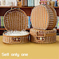 Miniatyrbillede 4 af 5: Rund Rattan Kuffertkurv, Vintage Rattan Vævet Opbevaringskuffert Flet Opbevaringsboks med Håndtag