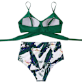 Miniatyrbild 2 av 3: Damomslag Bikini Set Push Up Hög Midja Tvådelad Baddräkt Split Snakeskin Print Baddräkt för Simning Vattensport (gröna blad) S