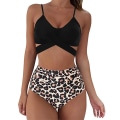 Miniatyrbild 1 av 4: Dam Wrap Bikini Set Push Up Hög Midja Tvådelad Baddräkt Split Ormhud Tryck Baddräkt för Simning (Svart Leopard Tryck) XXL