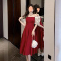 Miniatyrbillede 3 af 5: Kvinders Casual Sommer Midi Kjole Puffy Kort Ærme Firkantet Hals Smocked Lagdelt Ruffle Kjoler(Rød L)