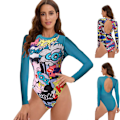 Miniatyrbild 6 av 7: Dam badkläder i ett stycke blommigt tryck rygglös rashguard söt långärmad baddräkt för kvinnor flickor våtdräkt, Style1-rosa, M