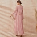Miniatyrbillede 5 af 8: Syet kjole kvinder kjole islamisk arabisk Kaftan blonder muslimsk casual lange ærmer kjoler til kvinder (lys rosa grå S)