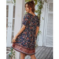 Miniatyrbilde 7 av 7: Kvinners Boho Print Kjole Bohemian Vintage Blomstertrykte Kjoler Etnisk Stil Strandkjole Lang Ermet Tilfeldig Kjole(Navy Blue M)