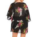 Miniatyrbilde 3 av 4: Kvinners Blomstermønster  Erme Kimono Cardigan Løs Cover Up Casual Bluse Topper --- Svart Blomst （Størrelse XXL）