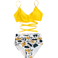 Miniatyrbild 2 av 4: Damomslag Bikini Set Push Up Hög Midja Tvådelad Baddräkt Split Ormhud Tryck Baddräkt för Simning (gul blomma)  XXL