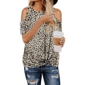 Miniatyrbilde 3 av 5: Kvinners T-skjorte Leopard Print Topper Korte Ermer Casual Cold Shoulder Twist Bluser, Apricot (XL)