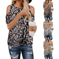 Miniatyrbilde 4 av 5: Kvinners T-skjorte Leopard Print Topper Korte Ermer Casual Cold Shoulder Twist Bluser, Apricot (XL)
