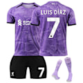 Pikkukuva 1 / 2: Liverpoolin 2. vieraspelipaidan lasten jalkapallopaita setti sukilla 2023-2024 - Nro 7 LUIS DIAZ#M No.7 LUIS DIAZ #M