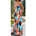 Miniatyrbilde 2 av 5: Kvinners sommer casual floral trykt Bohemian spaghetti stropp floral lang maxi kjole med lommer ----- Blad  Trykk （Størrelse XL）