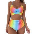 Miniatyrbilde 1 av 3: Damer Wrap Bikini Set Push Up Høy Midje Todelt Badedrakt Split Slangeskinn Trykk Badedrakt for Svømming (regnbue striper) XL