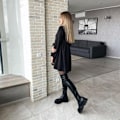 Miniatyrbillede 3 af 4: Kvinde 2023 Split V-hals Ruffle Chiffon Elegant Mini Kort Nederdel Kjoler(Sort L)