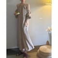 Miniatyrbillede 3 af 5: Kvinders Casual Off Shoulder Lanterne Langærmet Løs Lomme Snøre Lang Kjole Mini Swing Plisseret A-linje Løs Kjole(Khaki M)