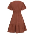 Miniatyrbillede 6 af 8: Kvinde Sommer Solid Farve Puff Korte Ærmer V-Hals Elastisk Talje Swing Ruffle A-Linje Midi Kjole (Mursten-Rød M)