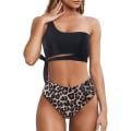 Miniatyrbild 2 av 4: Dam One Shoulder Hög Midja Bikini Spets Upp Hög Skuren Tvådelad Baddräkt för Semester, Simning, Pool (Svart + Leopard) XL