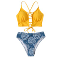 Miniatyrbild 1 av 4: Bikini för kvinnor, blommigt tryck, snörning, flerfärgad, tvådelad baddräkt för tropiska semestrar, sommar (gul) S