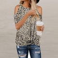 Miniatyrbilde 1 av 5: Kvinners T-skjorte Leopard Print Topper Korte Ermer Casual Cold Shoulder Twist Bluser, Apricot (XL)