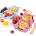 Miniatyrbilde 2 av 5: Baby Plate Bowl, Baby Cutlery Set Mini Silicone Dinner Tableware (Dinner plate + wooden handle spoon) Pink