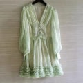 Miniatyrbilde 5 av 6: Womens 2023 Sommer Dyp V-hals Knyttet Lagdelt Chiffon Elegant Mini Kort Swing Skater Kjoler(Grønn M)