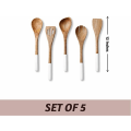 Miniatyrbild 3 av 6: 5-delad matlagningssked set av trä, inklusive träsked, spatel, gaffel, räfflad vändare, hörnsked-vit