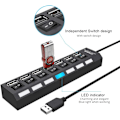 Miniatyrbild 2 av 5: Multi USB Hub Splitter, 7-Port USB 2.0 Hub för bärbar dator, USB Port Expander med On/Off individuell switch kompatibel för alla USB enheter, 4-pack