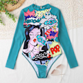 Miniatyrbillede 5 af 6: Kvindebadedragt i ét stykke med blomsterprint, badedragt med rygløs rashguard, sød badedragt med lange ærmer til kvinder og piger, våddragt, Style1-blå, S