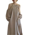 Miniatyrbillede 1 af 5: Kvinders Casual Off Shoulder Lanterne Langærmet Løs Lomme Snøre Lang Kjole Mini Swing Plisseret A-linje Løs Kjole(Khaki M)