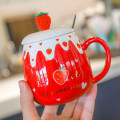 Miniatyrbilde 2 av 5: Høy skjønnhetskopp med lokk skje krus kvinnelig student koreansk versjon nydelig ins kaffekopp husholdning keramisk frokostkopp (rød 2)