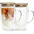 Miniatyrbillede 1 af 5: Dobbelt-væggede Glas Kaffe Krus   Unikke Isoleret Kaffe Krus Med Håndtag Og Bambuslåg , Klar Glas Kopper Til Kaffe Te Latte