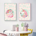 Miniatyrbillede 2 af 7: Enhjørninger og flamingoer vægkunst lærredstryk plakat, enkel mode dame stil kunst tegning indretning (sæt med 3 rammeløse, 16''x24'')