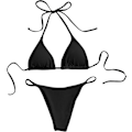 Miniatyrbild 1 av 7: Kvinnors Halterneck Tie Side Triangle Bikini Set Hög Skuren 2 Delad Bikini Baddräkt Ribbed Black XL