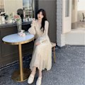 Miniatyrbillede 5 af 8: Kvinde Langærmet Fashionable Wave Dot Trykt Chiffon Kjole Temperament Fritid Ferie(L)