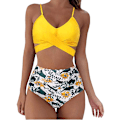 Miniatyrbild 1 av 4: Damomslag Bikini Set Push Up Hög Midja Tvådelad Baddräkt Split Ormhud Tryck Baddräkt för Simning (gul blomma)  XXL