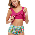 Miniatyrbild 4 av 6: Baddräkter för kvinnor Tvådelad badkläder Dubbel volangbaddräkt Topp med hög midja Botten Badkläder Bikini, Rosa02, XL