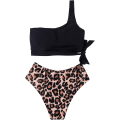 Miniatyrbilde 1 av 4: Dames One Shoulder High Waist Bikini Lace Up High Cut Todelt Badedrakt for Ferie, Svømming, Basseng (Svart + Leopard) XL