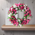 Miniatyrbillede 3 af 5: Tulipan Krans til Hoveddør, 20 tommer Kunstig Tulipan Blomsterkrans med Rattan Base, Forårstulipan Blomsterkrans Blomsterkrans til Forår Sommer Bryllup