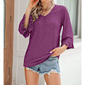 Miniatyrbilde 2 av 5: Dame Ensfargede Topper Casual V-hals Ruffle 3/4 Bell Erme Bluse Tunika Løs Skjorte Fuchsia M
