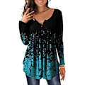 Miniatyrbilde 1 av 4: Dame Tunika Topper Ensfarget Plissert V-hals Knapper Bluse Blomstertrykte Damer Mixblack L