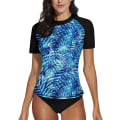 Miniatyrbilde 1 av 5: Dame Kort Erme Skjorte Surf Topp Badedrakt Sommer Svømming Sport Upf 50+ Blomstermønster Blue Leaves M
